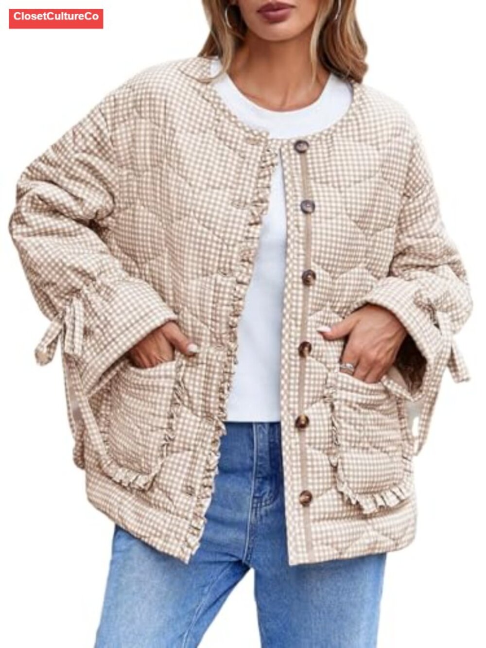 Womens Quilted Puffer Jacket Lightweight Plaid Button Down Bow Padded Coat